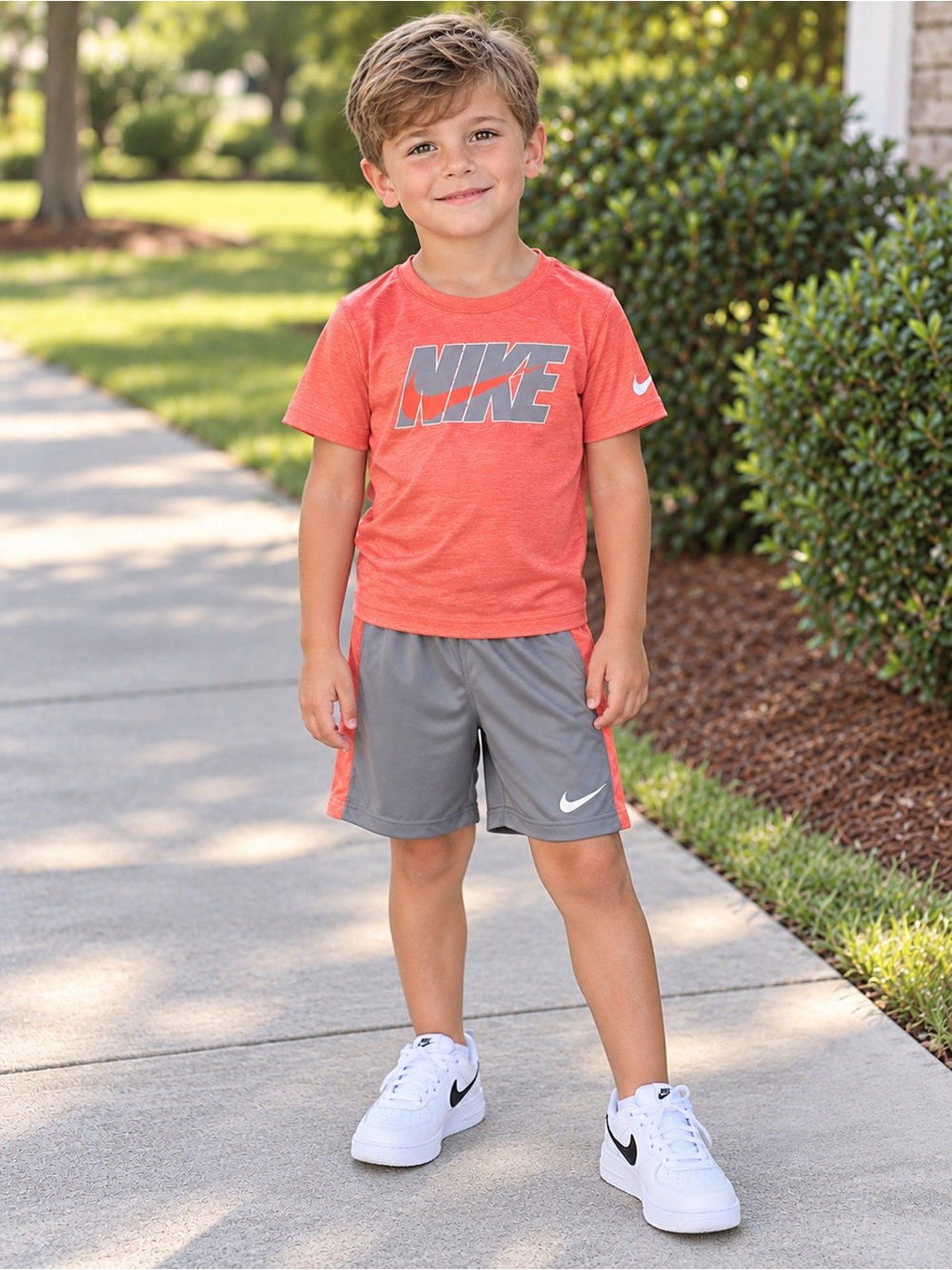 Boys Nike Dri-FIT 2 Pc Set Shirt & Shorts Orange Gray Size 5